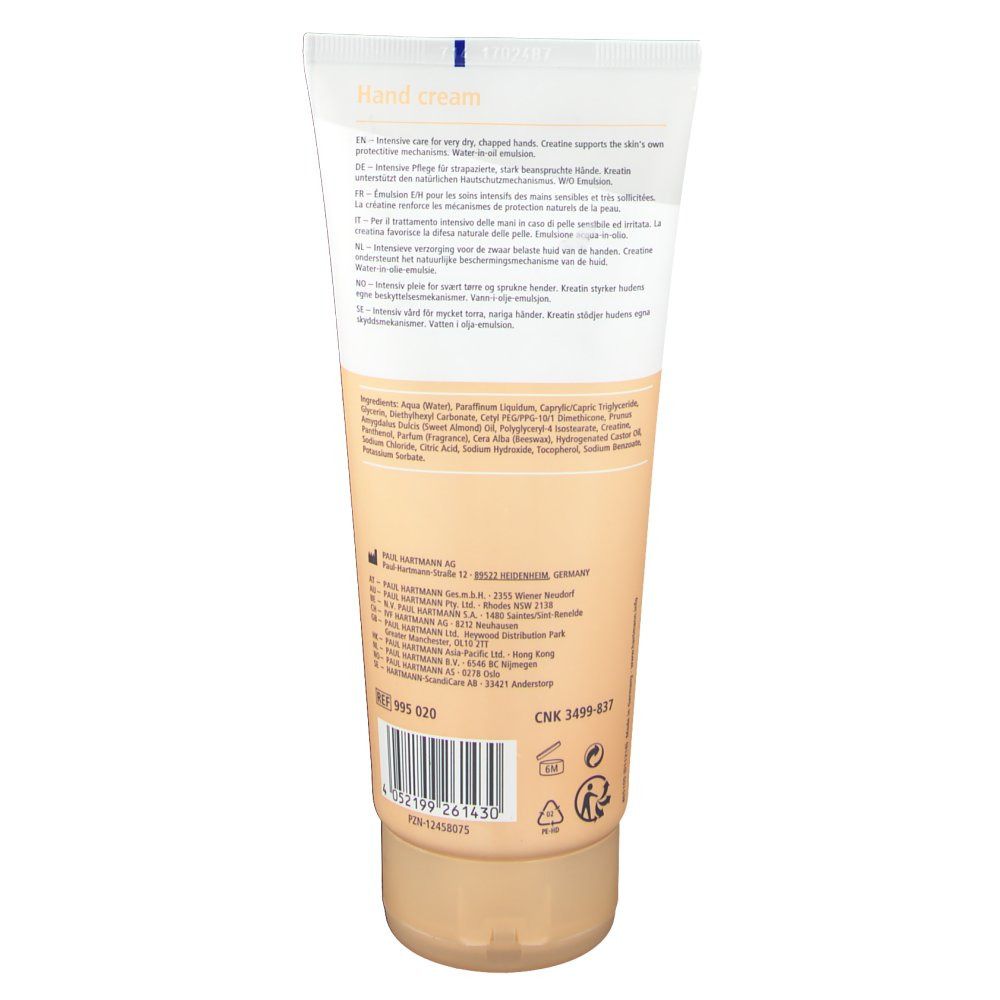 Dos du tube de crème pour les mains MoliCare Skin. Dégradé blanc et beige. Informations sur le produit, ingrédients et fabricant.