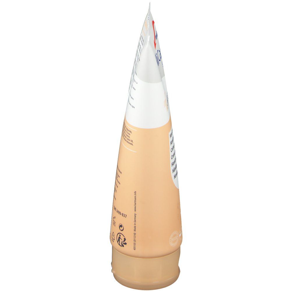 Vue latérale du tube de crème pour les mains MoliCare Skin. Dégradé blanc et beige. Inscriptions et informations sur le produit.