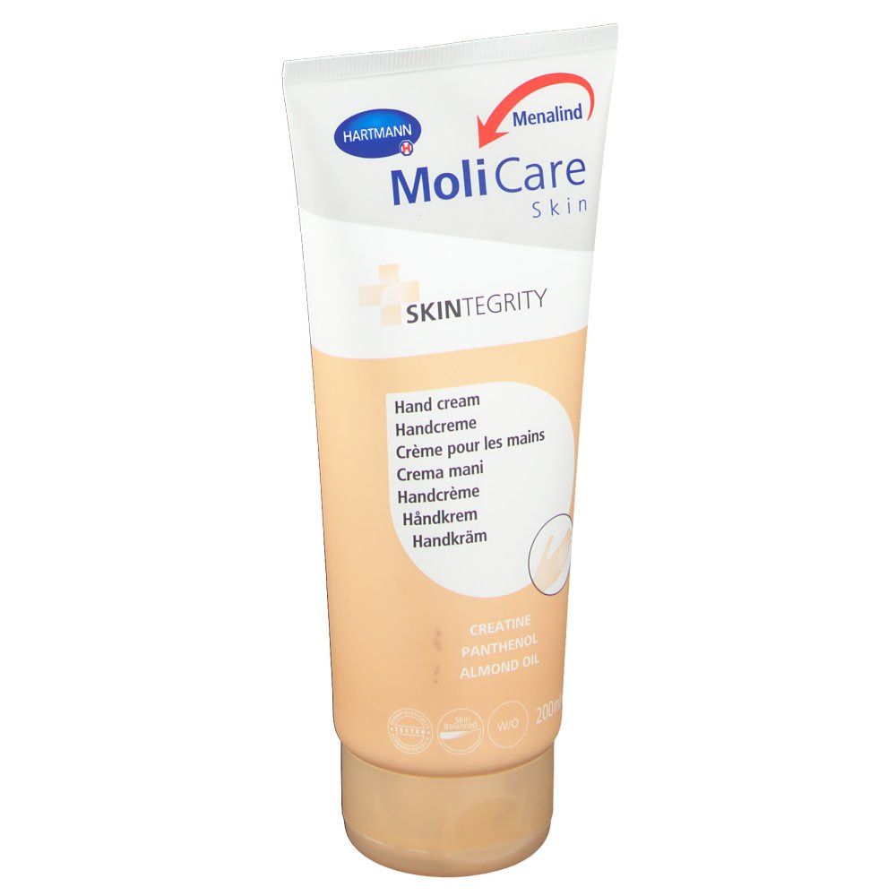 Tube de crème MoliCare Skin. Dégradé blanc et beige. Inscription : MoliCare Skin, crème pour les mains. Avec panthénol et huile d'amande.