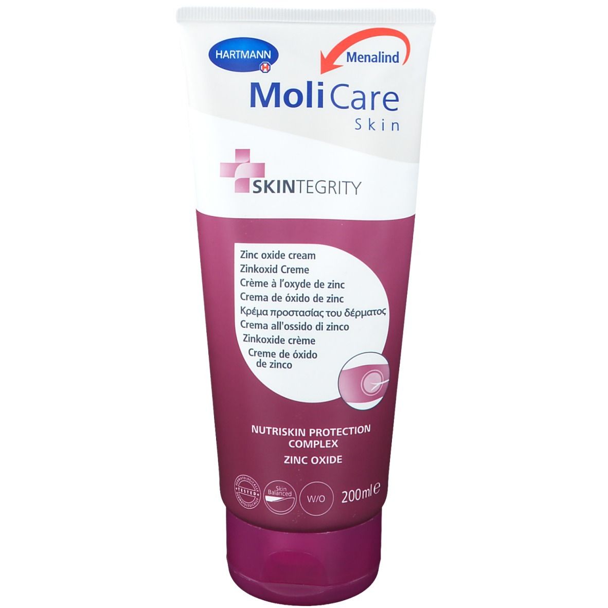 MoliCare Skin Zinkoxid Creme Tube. Weiß-lila Farbverlauf. Hartmann Logo. Text: Skin Integrity, Zinkoxid Creme, 200ml.