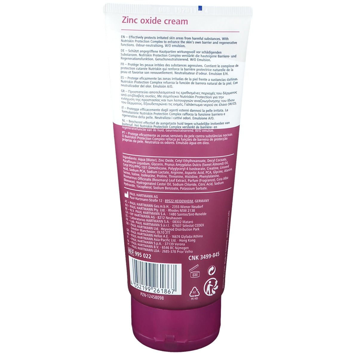 Rückseite der MoliCare Skin Zinkoxid Creme Tube. Text: Zink oxide cream, Inhaltsstoffe, Herstellerinformationen, Barcode.