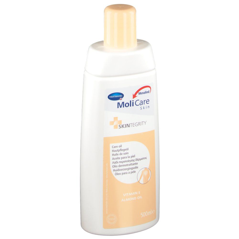 Weiße Flasche mit beigem Verschluss. Aufschrift: MoliCare Skin, Skintegrity, Hautpflegeöl. Enthält Vitamin E und Mandelöl. 500ml.