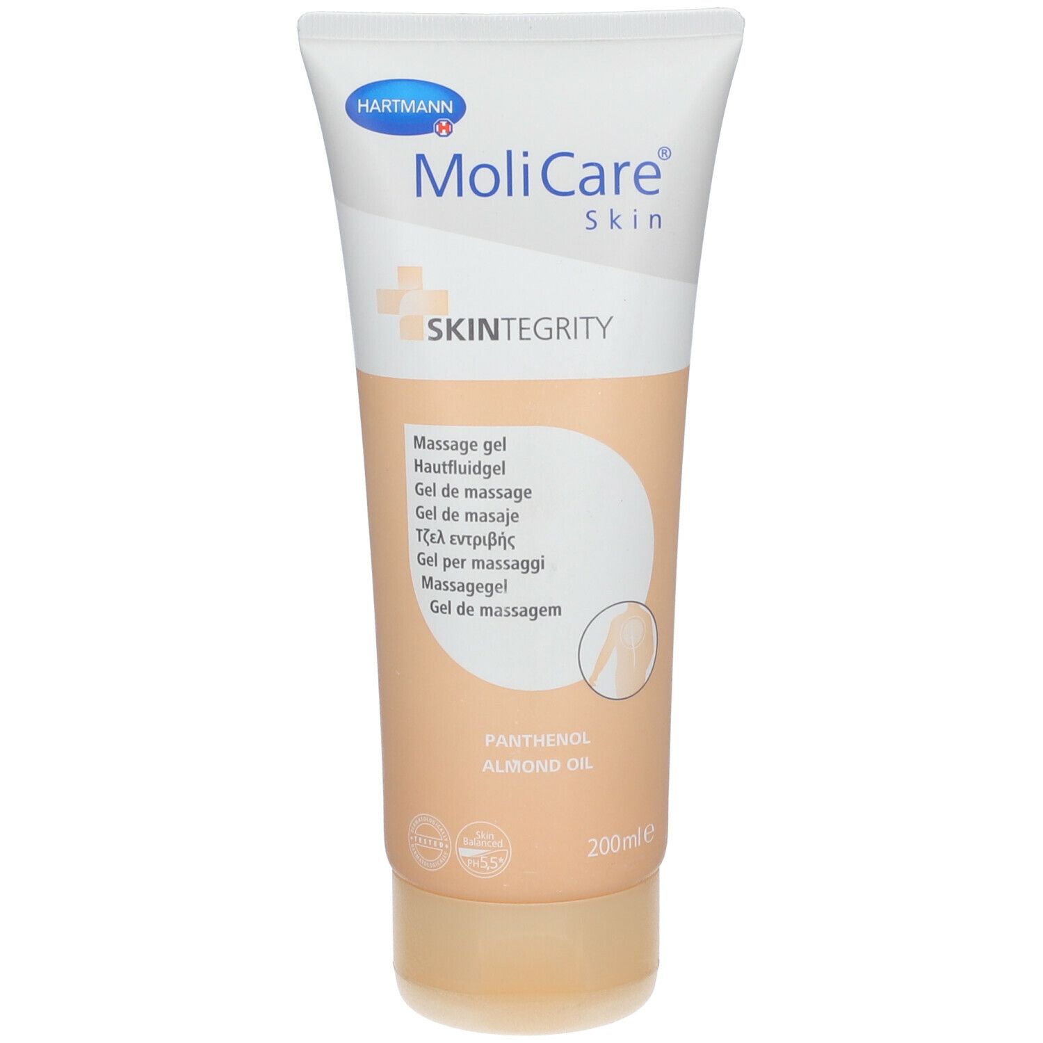 Tube de gel MoliCare Skin. Blanc et orange, avec nom et logo du produit. Contient du panthénol et de l'huile d'amande.