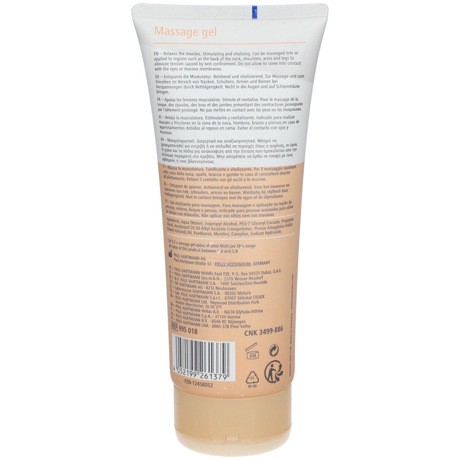 Dos du tube MoliCare Skin. Texte en plusieurs langues. Contient des informations sur l'utilisation et les ingrédients.