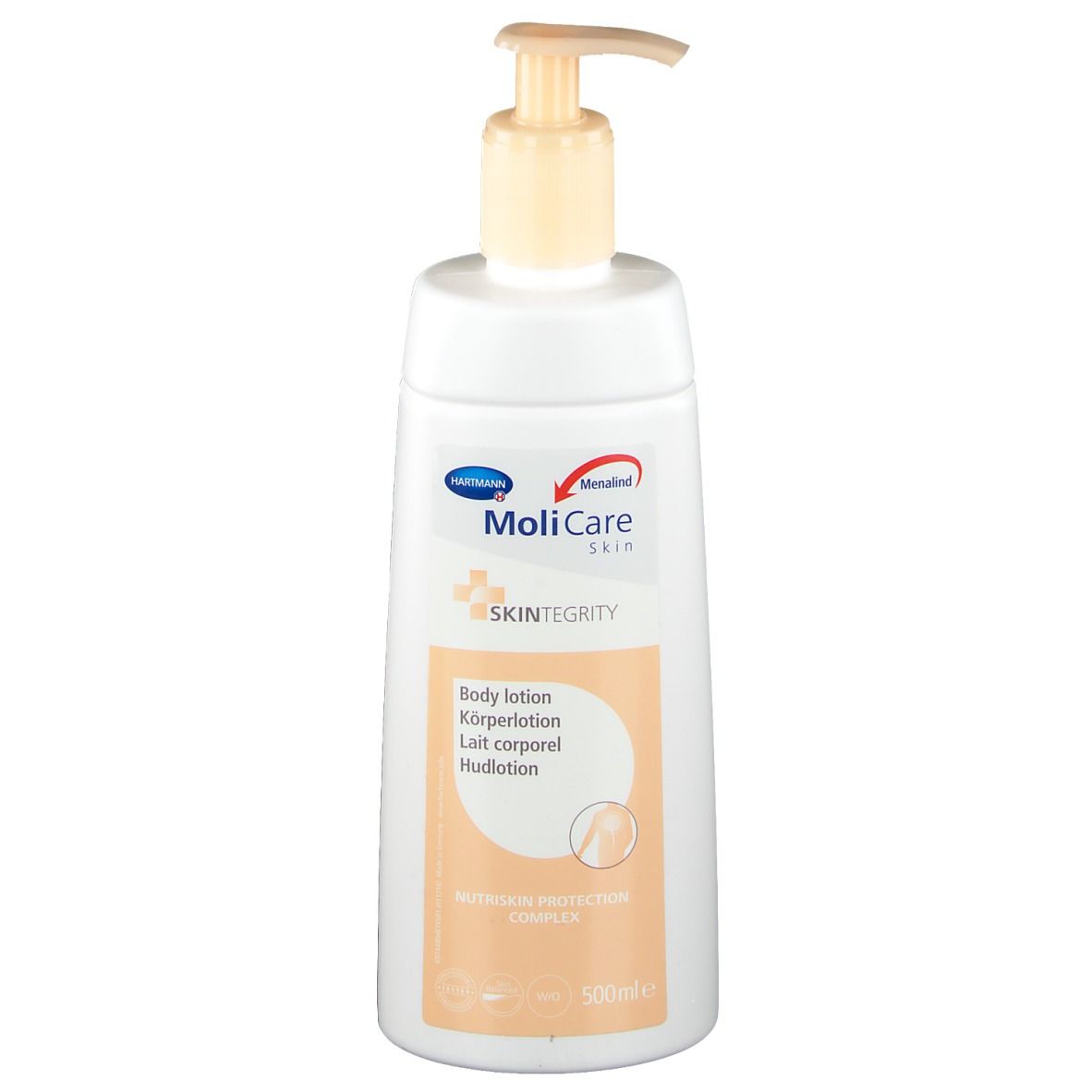 Witte fles met pomp. Opschrift MoliCare Skin, bodylotion. Oranje vlak met tekst en logo.