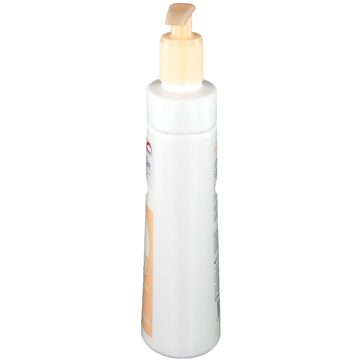 Witte fles met pomp, zijaanzicht. Opschrift MoliCare Skin en tekst.