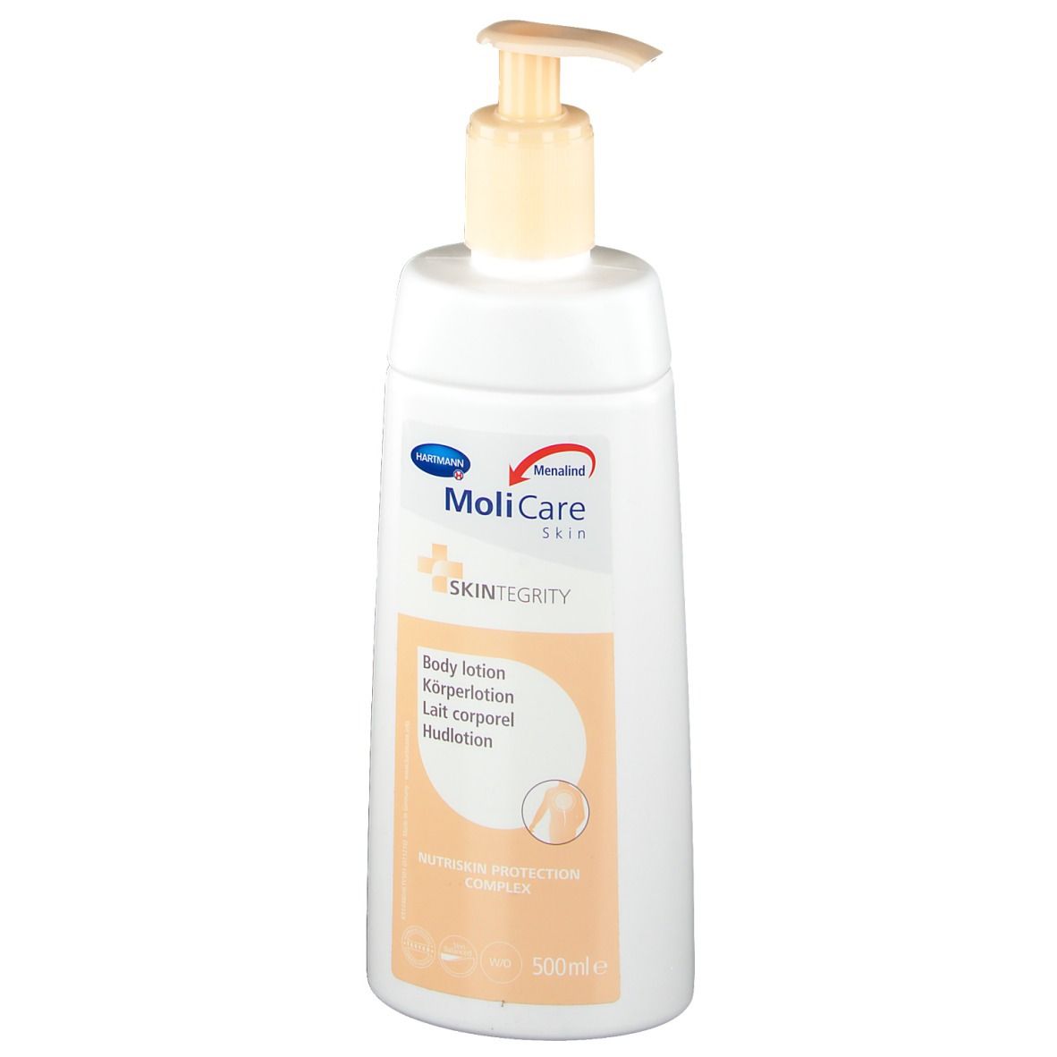 Witte fles met pomp. Opschrift MoliCare Skin, bodylotion. Oranje vlak met tekst en logo.