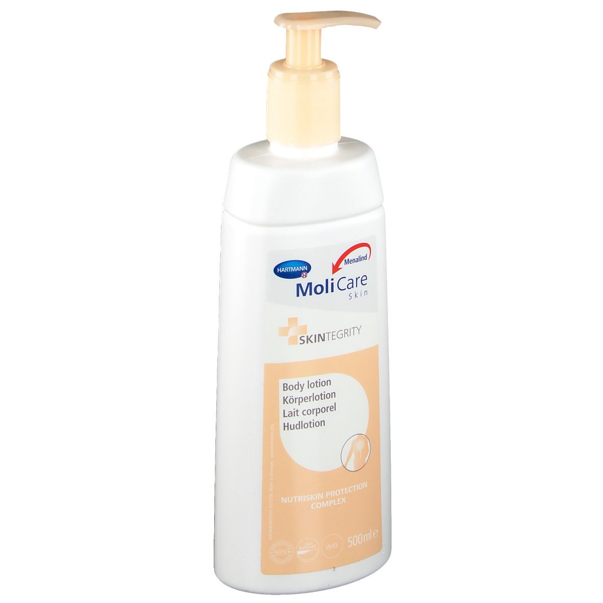 Witte fles met pomp. Opschrift MoliCare Skin, bodylotion. Oranje vlak met tekst en logo.