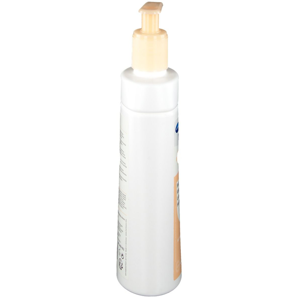 Witte fles met pomp, zijaanzicht. Opschrift MoliCare Skin en tekst.