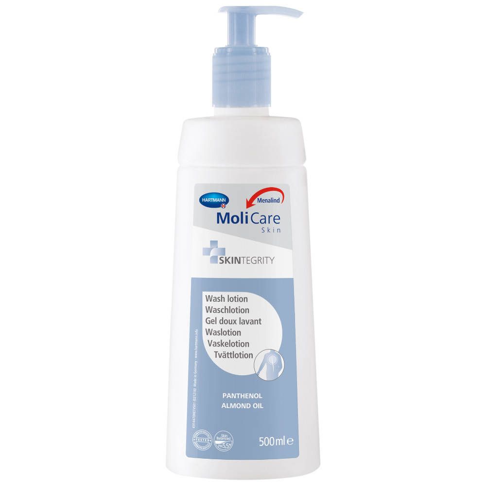 Flacon blanc avec pompe bleue. Inscription: MoliCare Skin, Wash lotion. Contient du panthénol et de l'huile d'amande. 500ml.