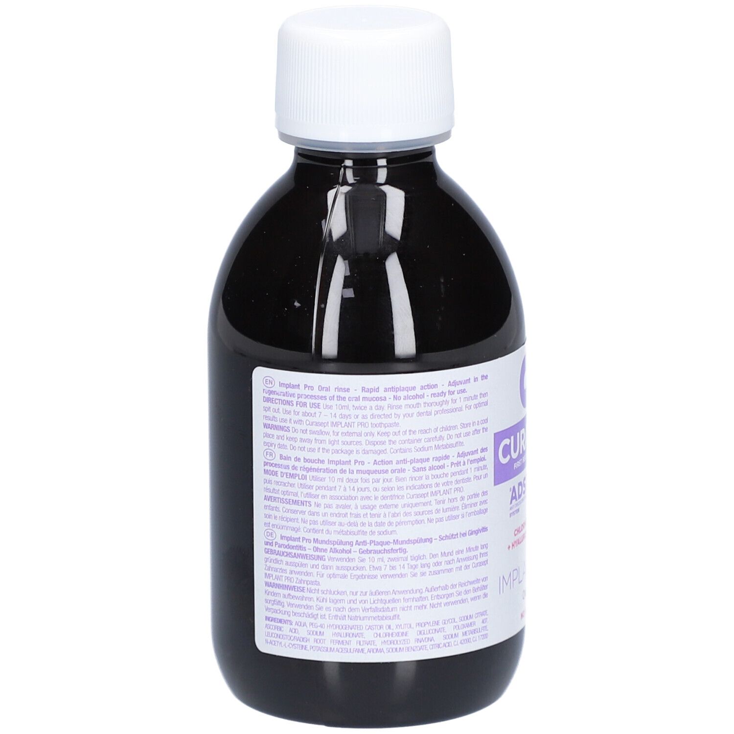 Flacon foncé avec bouchon blanc. L'étiquette indique CURASEPT ADS DNA, Implant Pro, Chlorhexidine 0,20, Acide hyaluronique + ADN.