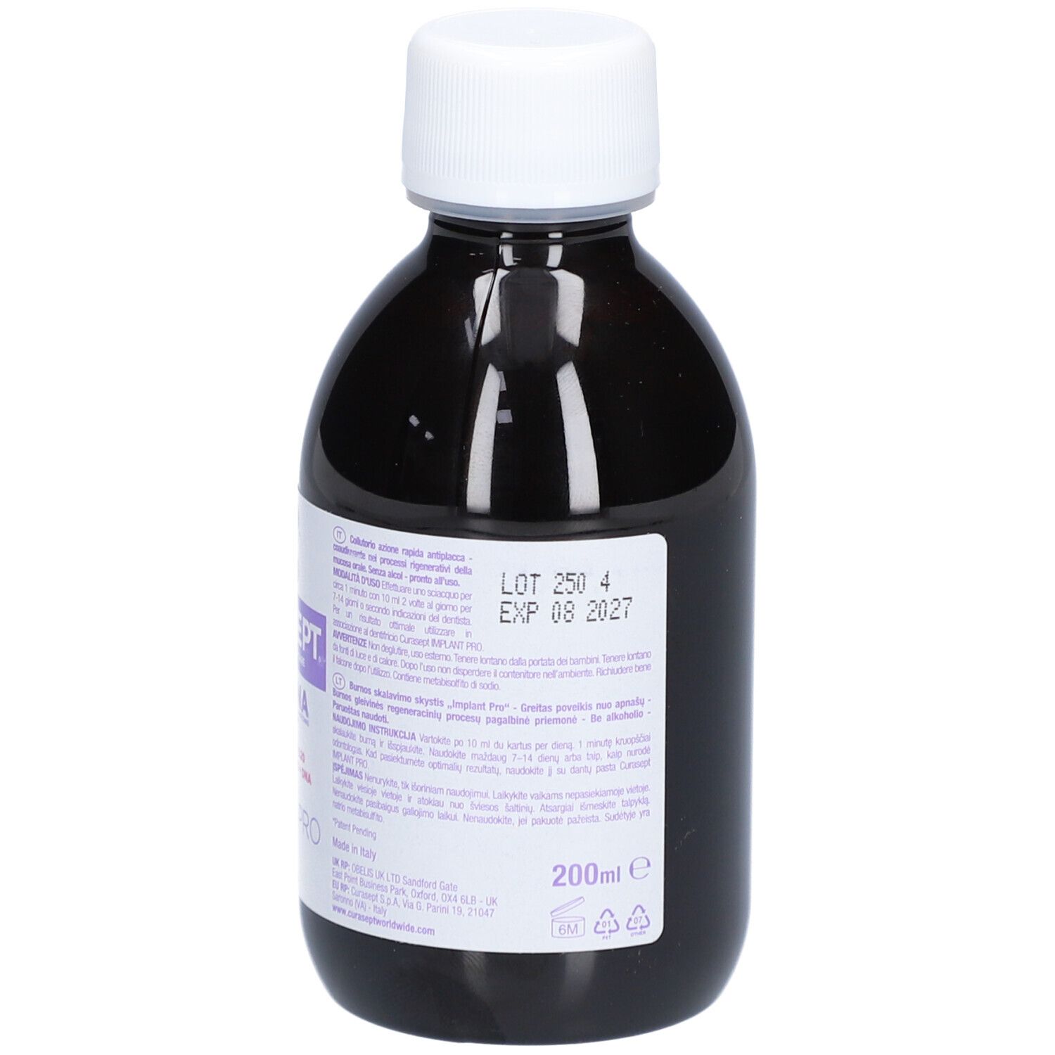 Flacon foncé avec bouchon blanc. L'étiquette indique LOT et date d'expiration. 200 ml.