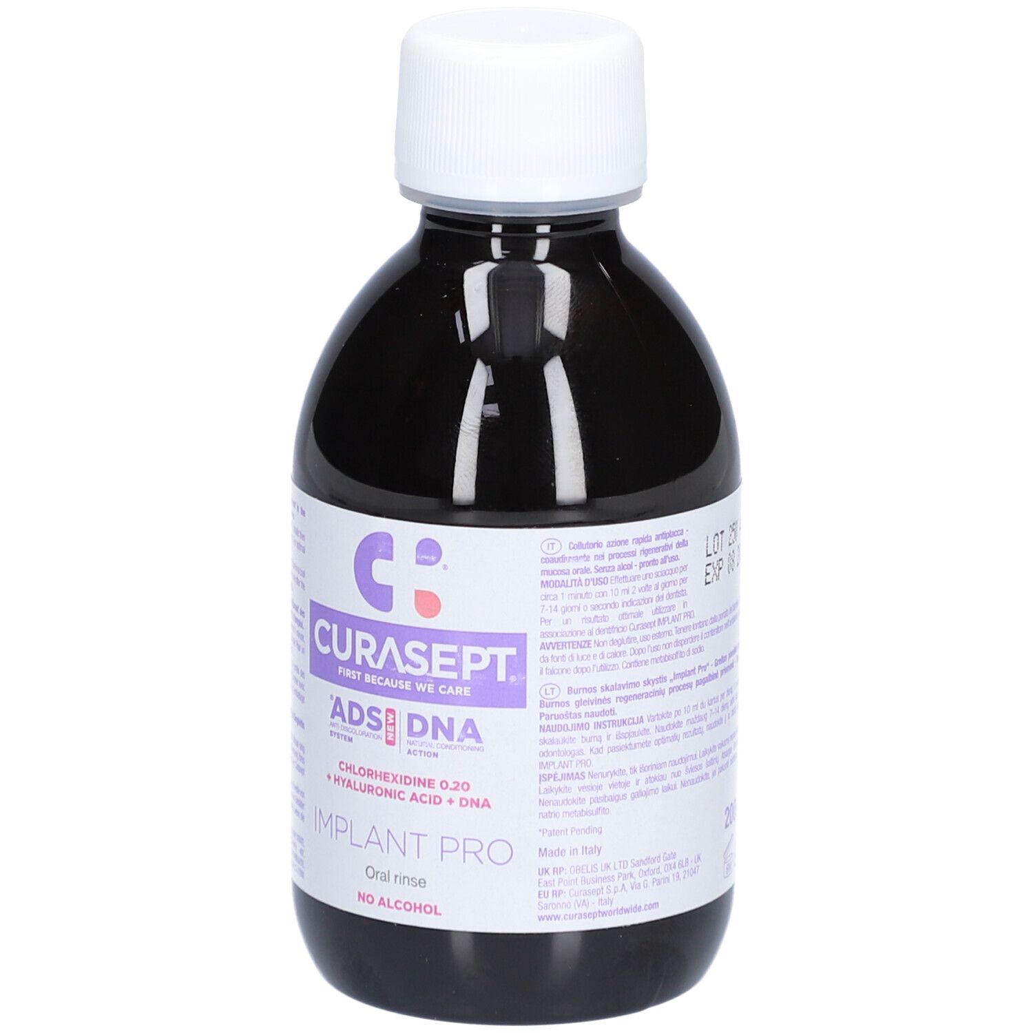 Flacon foncé avec bouchon blanc. L'étiquette indique CURASEPT ADS DNA, Implant Pro, Chlorhexidine 0,20, Acide hyaluronique + ADN.