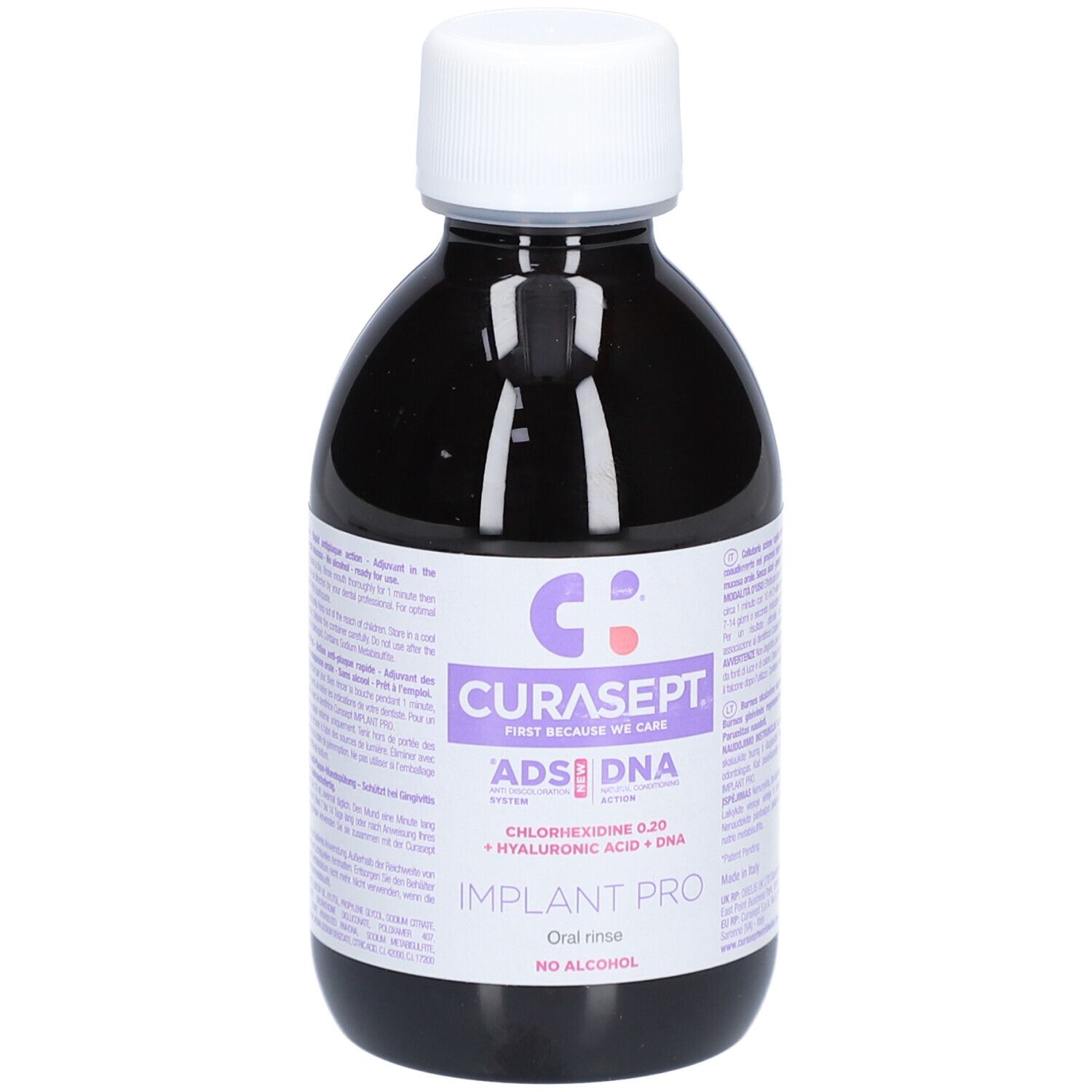 Flacon foncé avec bouchon blanc. L'étiquette indique CURASEPT ADS DNA, Implant Pro, Chlorhexidine 0,20, Acide hyaluronique + ADN.