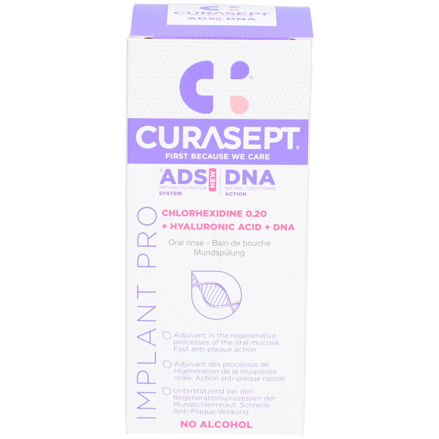 Emballage avec texte. L'emballage indique CURASEPT ADS DNA, Implant Pro, Chlorhexidine 0,20, Acide hyaluronique + ADN.