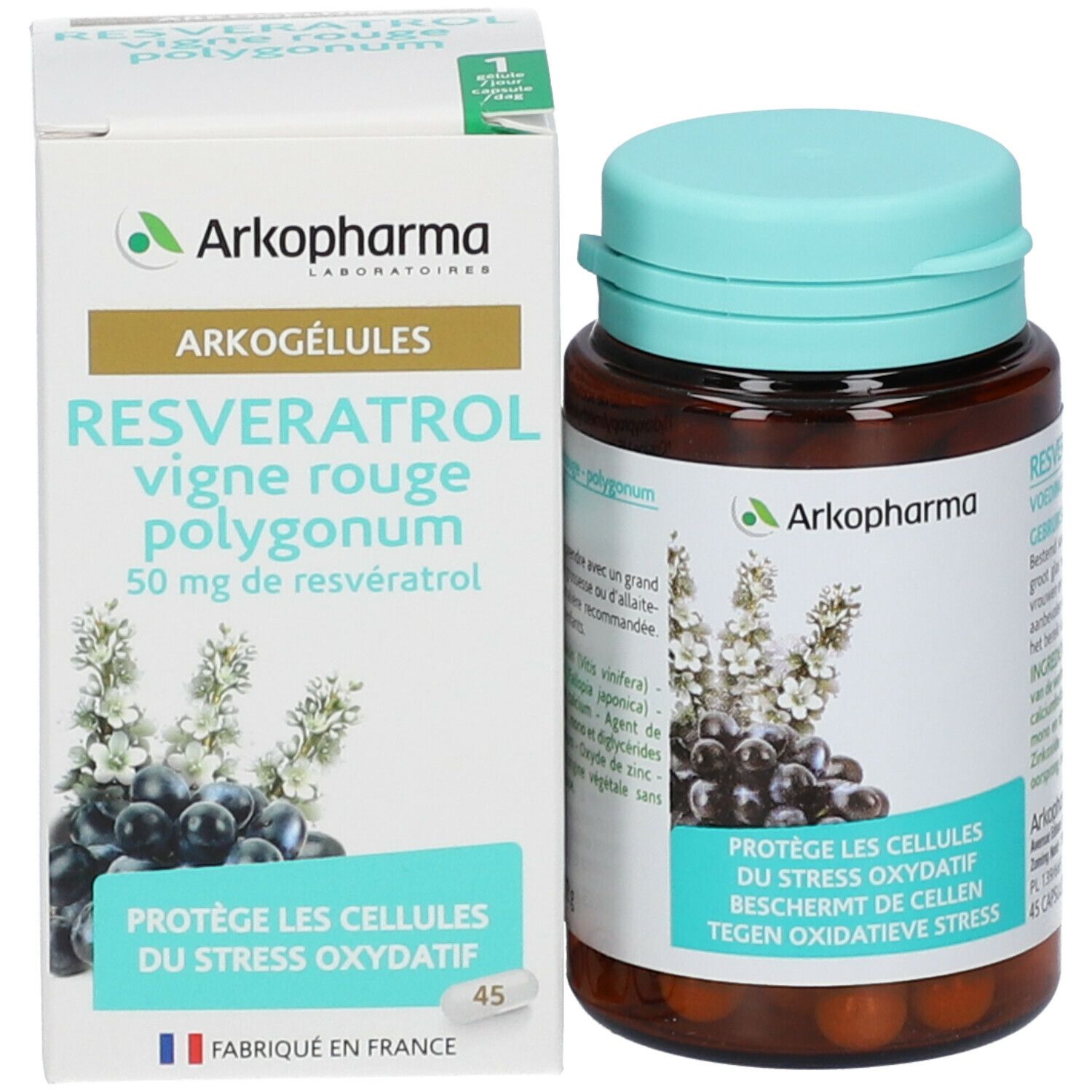 Boîte et flacon de gélules. Inscription: Arkopharma, Arkogélules, Resvératrol, vigne rouge polygonum, 50 mg de resvératrol. Protège les cellules du stress oxydatif.