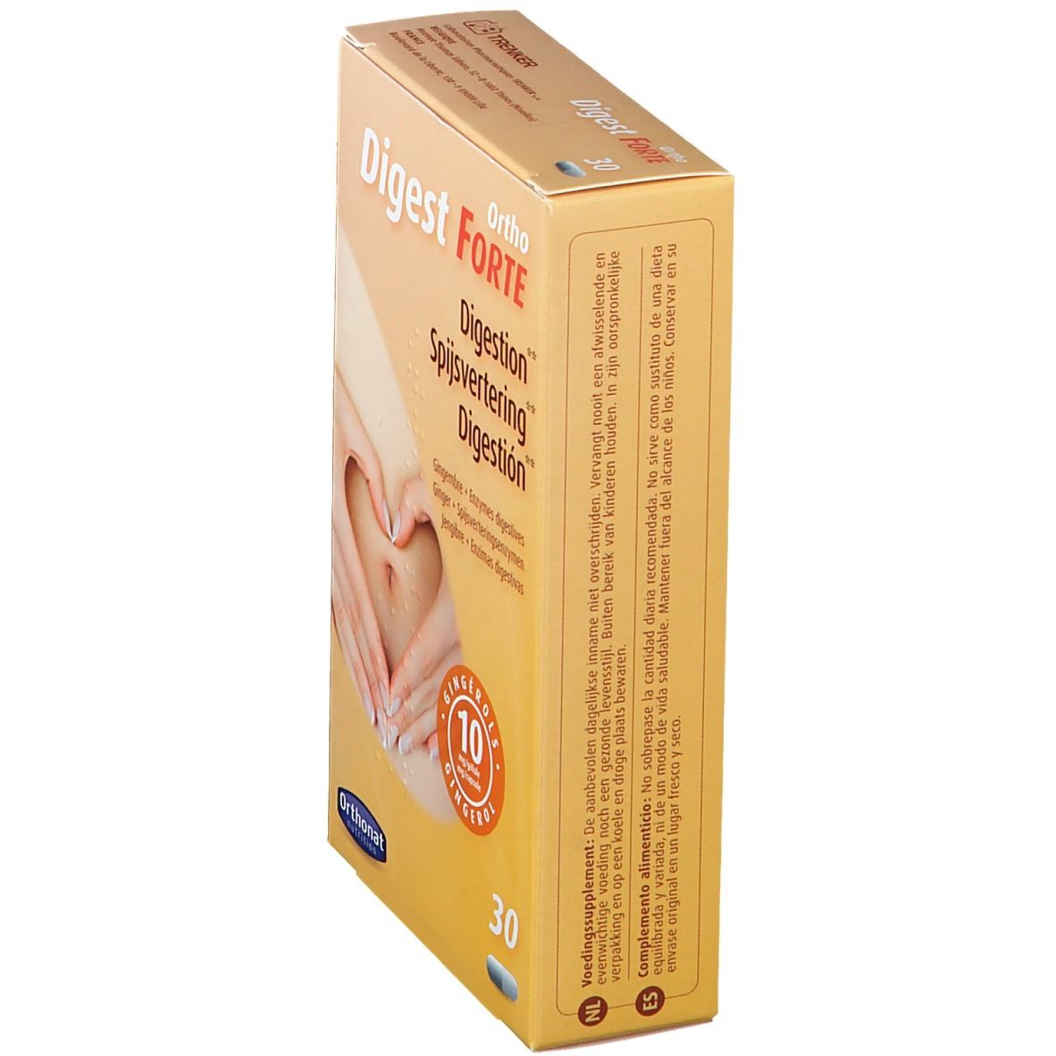 Boîte, vue latérale. Nom du produit "Digest Forte" visible. Texte multilingue. 30 gélules.