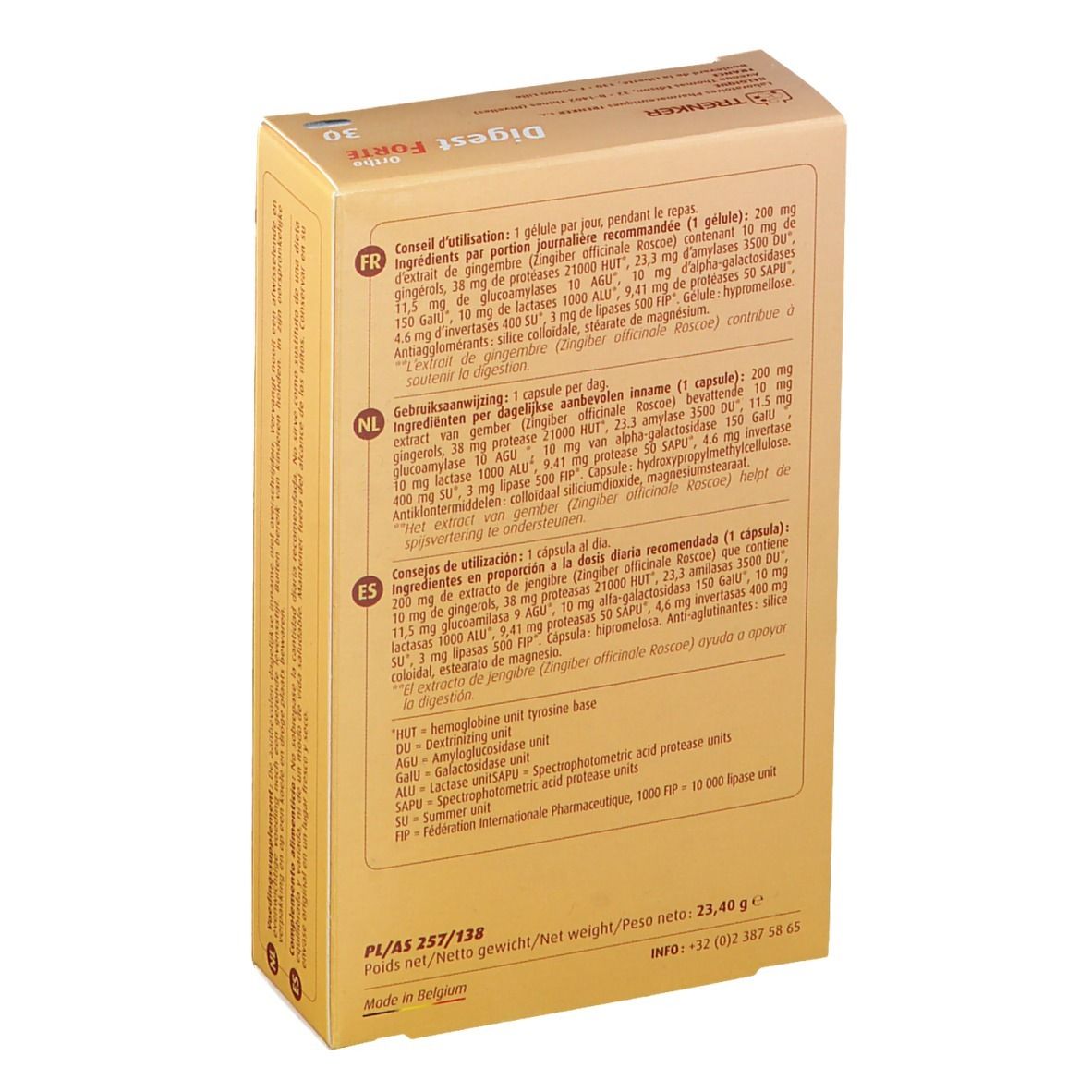 Dos de l'emballage du produit. Texte multilingue, informations détaillées sur les ingrédients et la valeur nutritionnelle.