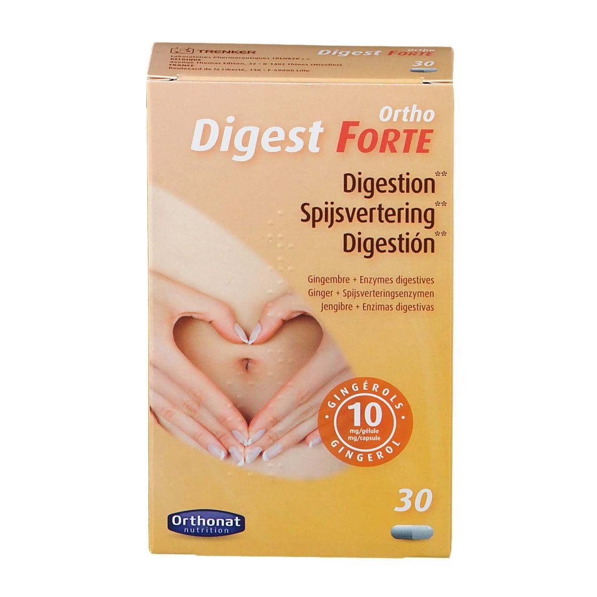 Boîte de produit "Digest Forte". Inscriptions multilingues. Image d'un ventre avec des mains en forme de cœur. 30 gélules.