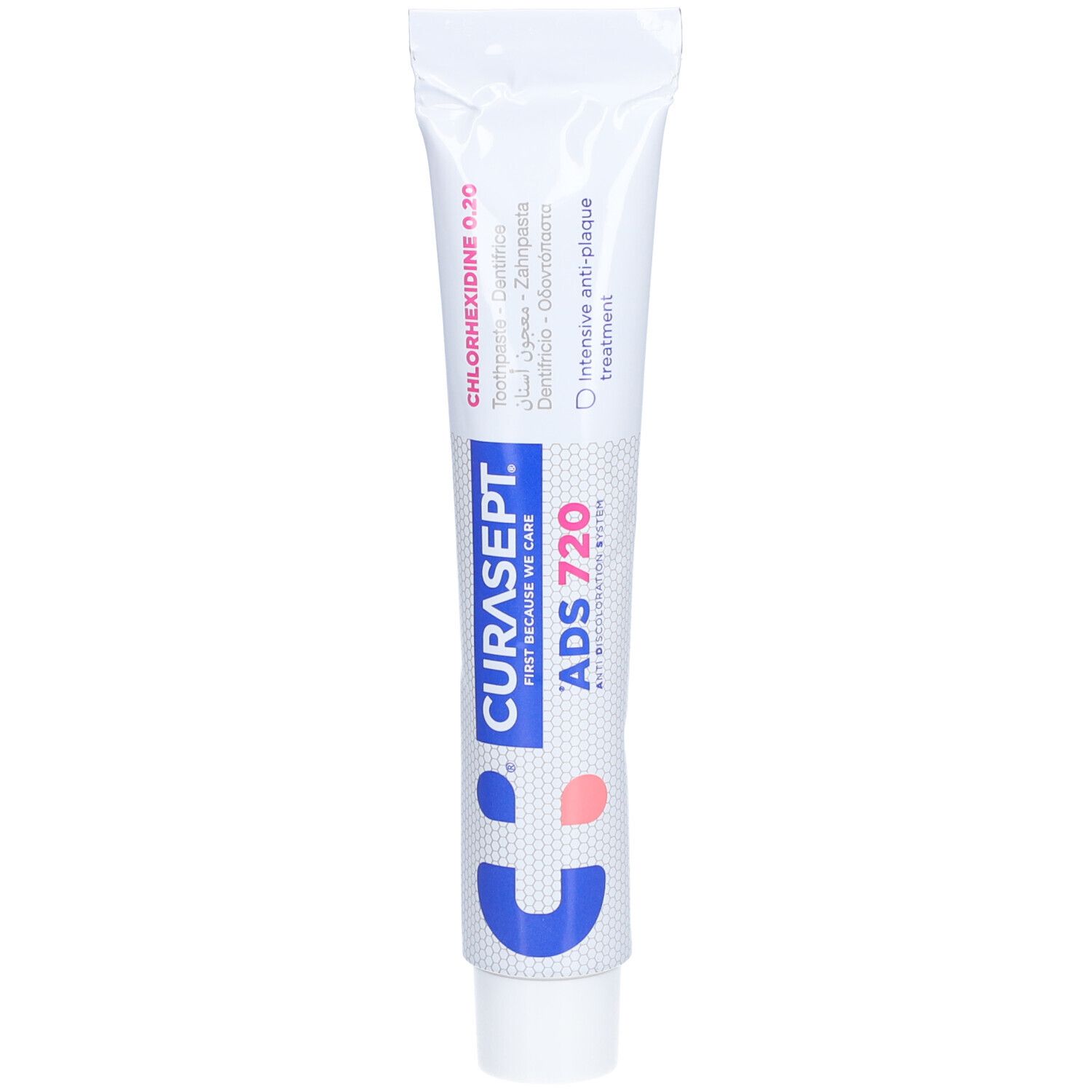 Zahnpasta-Tube, weiß, mit blauen und rosa Akzenten. Text: CURASEPT, ADS 720, Chlorhexidine 0,20%.
