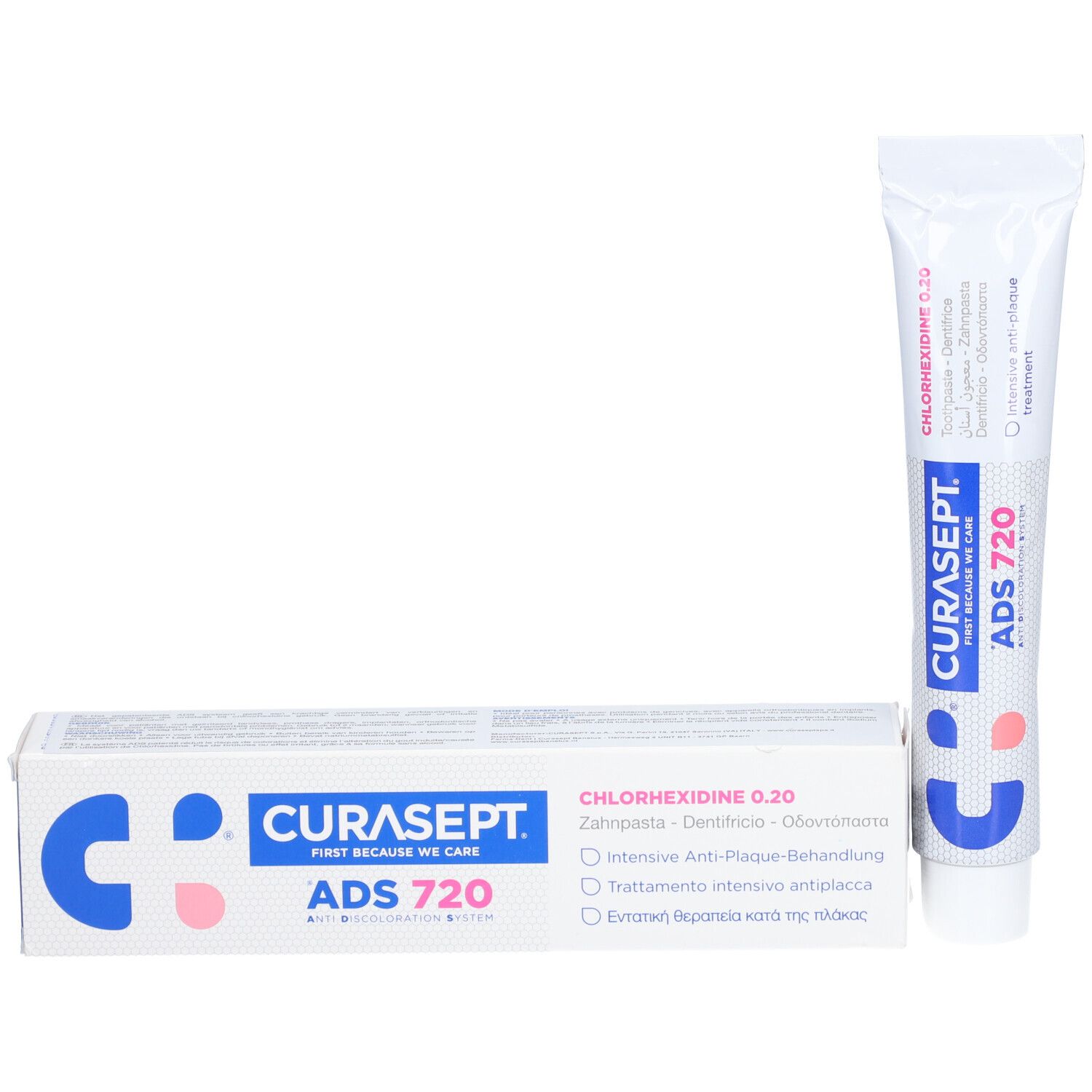 Zahnpasta-Tube und Schachtel. Schachtel weiß mit blauem und rosa Logo. Text: CURASEPT, ADS 720, Chlorhexidine 0,20%.