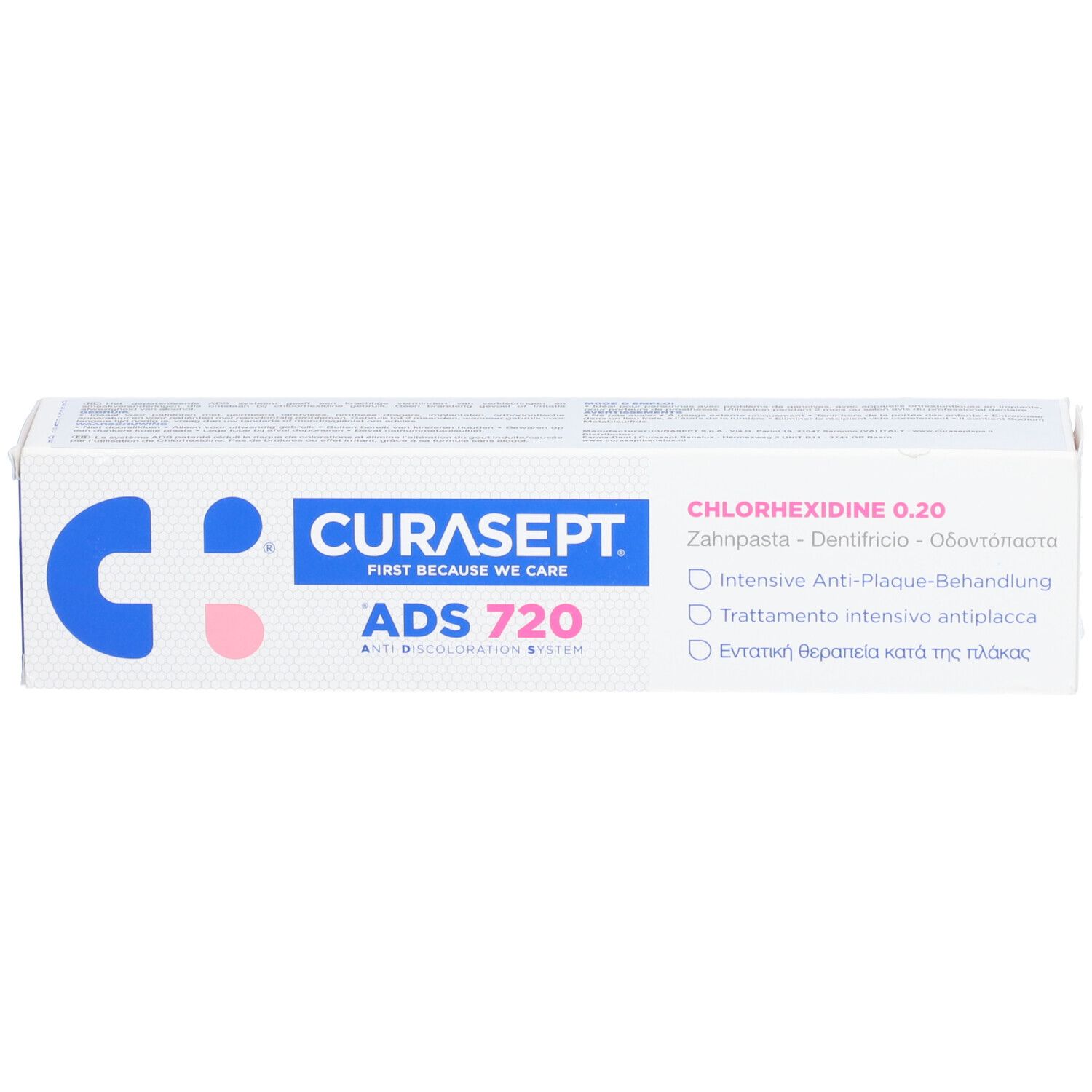 Weiße Schachtel mit blauem und rosa Logo. Text: CURASEPT, ADS 720, Chlorhexidine 0,20%.