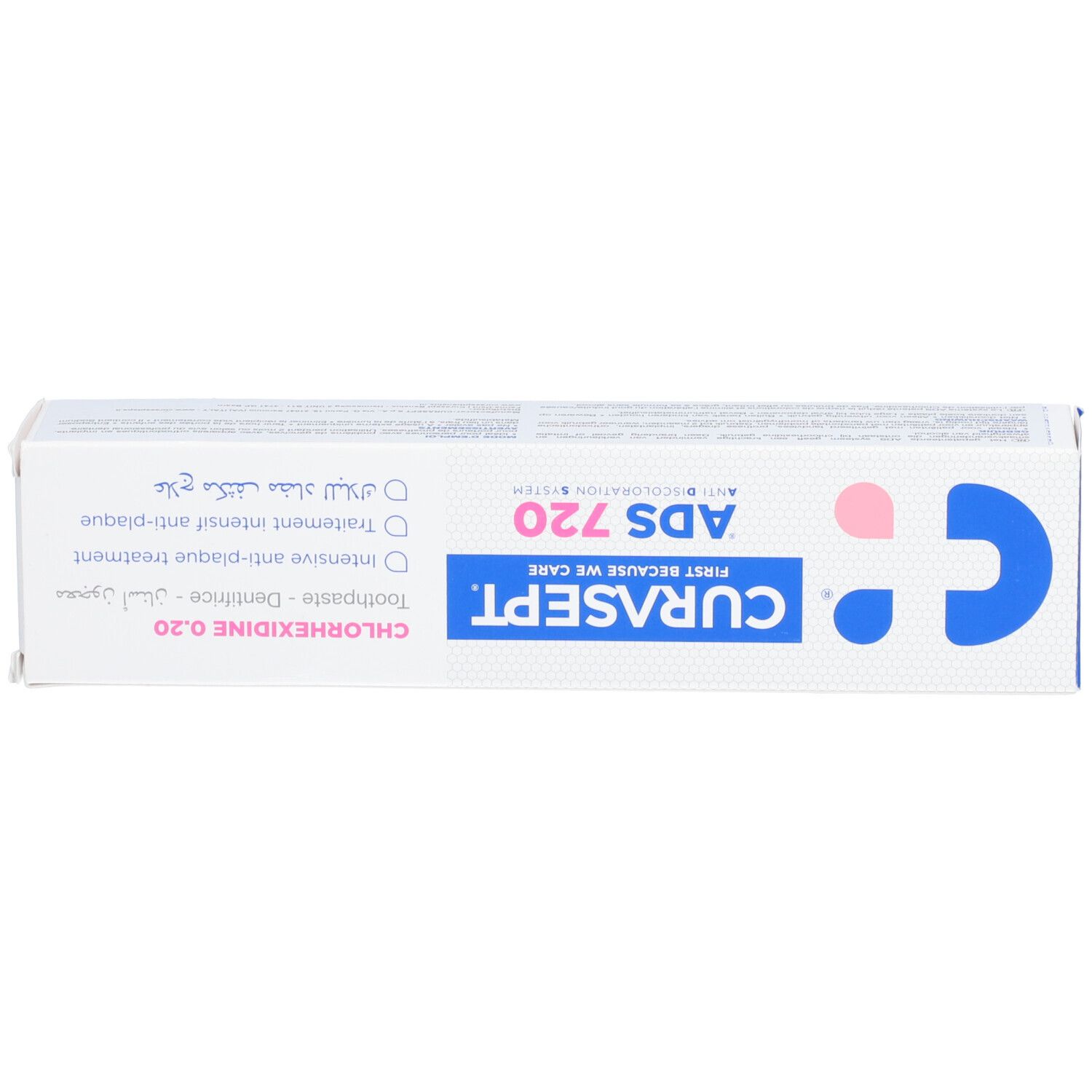 Oberseite der weißen Schachtel. Text: CURASEPT, ADS 720, Chlorhexidine 0,20%. Rosa und blaues Logo.