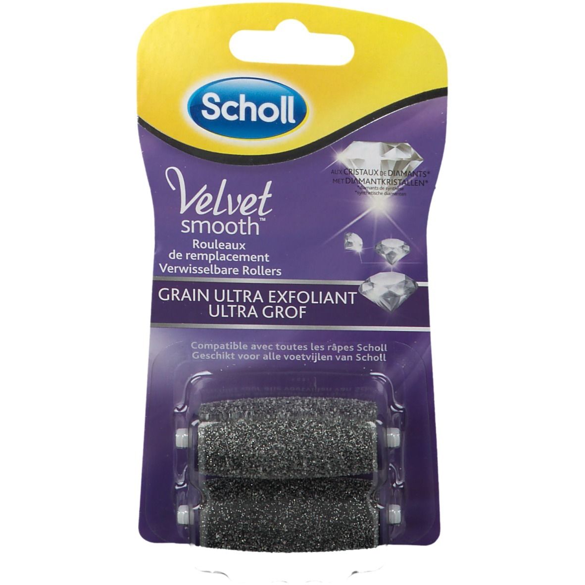 Recharges pour râpe à pieds. Rouleaux noirs dans emballage. Texte: Velvet Smooth, Grain Ultra Grof, particules de diamant.
