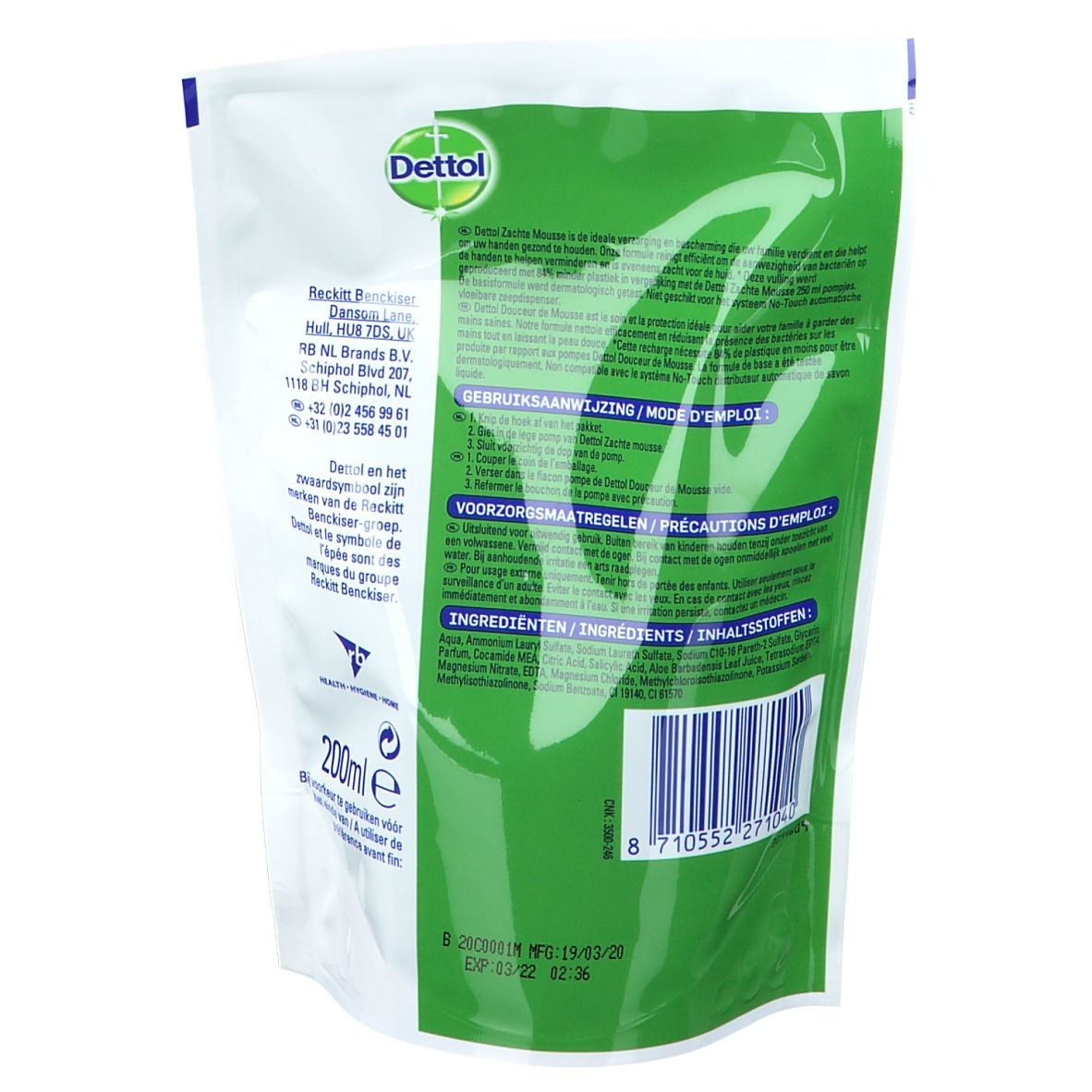 Dos de la recharge de mousse Dettol Soft on Skin. Texte, code-barres et logo. Emballage vert et blanc.
