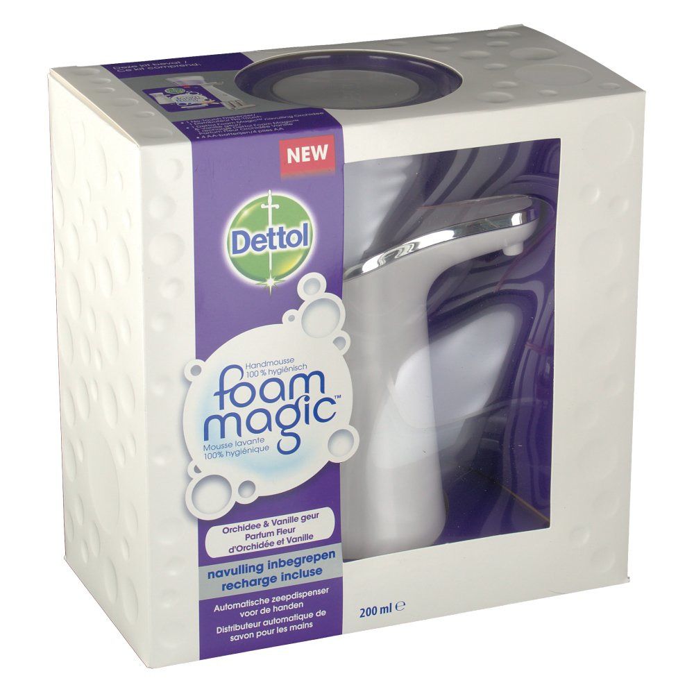 Verpakking met witte zeepdispenser. De tekst "Dettol foam magic" is zichtbaar. De dispenser heeft een zilverkleurige bovenkant.