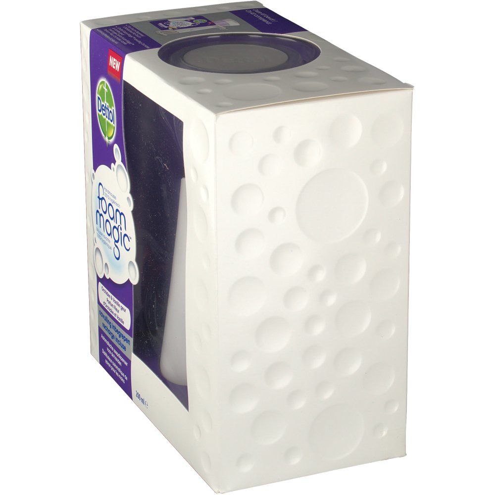 Witte verpakking met reliëf cirkels. Een zeepdispenser is zichtbaar door een venster. De tekst "foam magic" is zichtbaar.