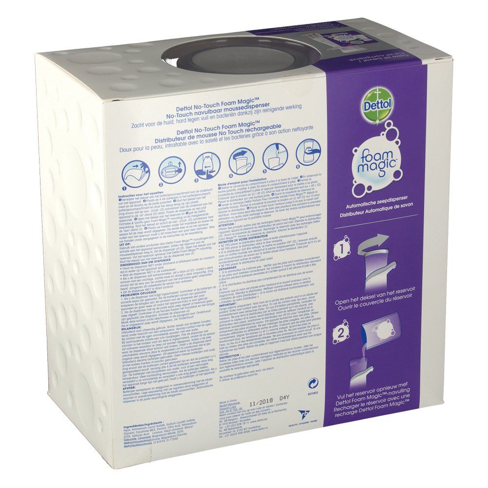 Achterkant van de verpakking met tekst en illustraties. De tekst beschrijft het gebruik van het product. Het "foam magic" logo is zichtbaar.
