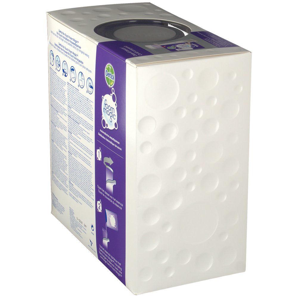 Zijaanzicht van de verpakking met reliëf cirkels. Een zeepdispenser is zichtbaar door een venster. Het "foam magic" logo is zichtbaar.