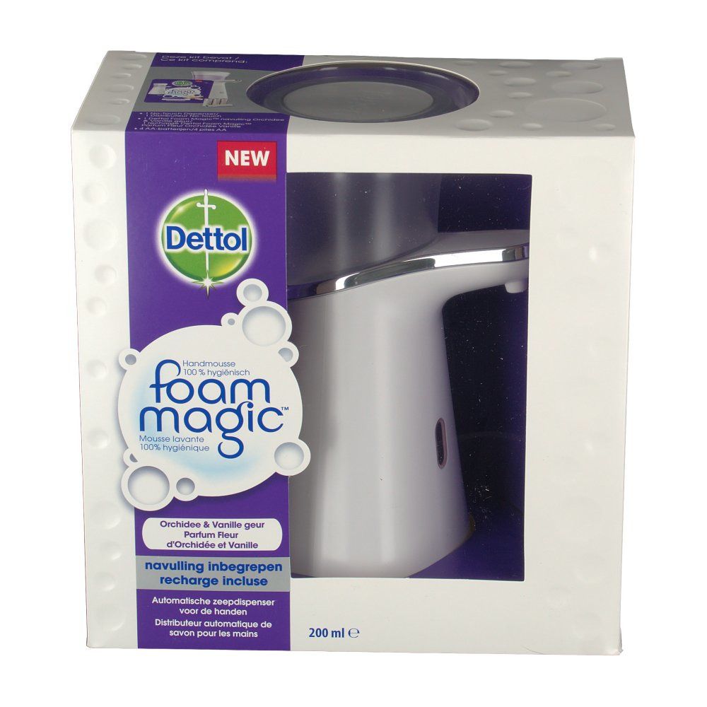 Verpakking met witte zeepdispenser. De tekst "Dettol foam magic" is zichtbaar. De dispenser heeft een zilverkleurige bovenkant.