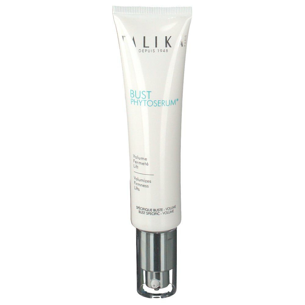 Weißer Tube mit silbernem Pumpkopf. Aufschrift: Talika, Bust Phytoserum, Volume Fermeté Lift, Volumizes Firmness Lifts.