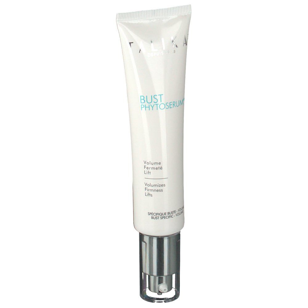 Weiße Tube mit silbernem Pumpkopf. Aufschrift: Talika, Bust Phytoserum, Volume Fermeté Lift, Volumizes Firmness Lifts.