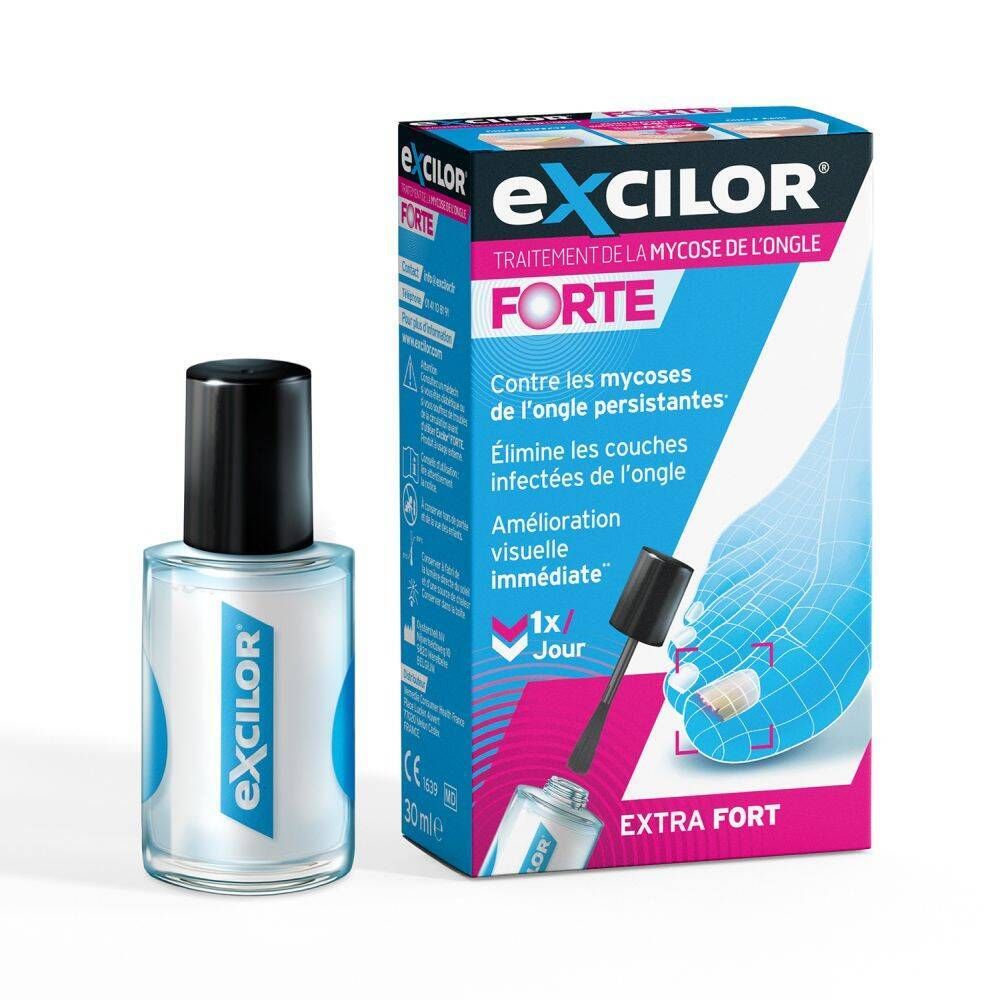 Emballage du produit. Exclior Forte. Traitement mycose des ongles. Flacon avec pinceau. Vue avant-après.