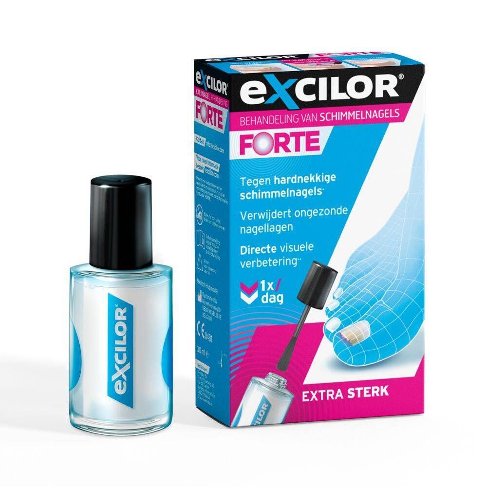 Productverpakking. Exclior Forte. Schimmelnagel behandeling. Fles met borstel. Voor-na nagelweergave.