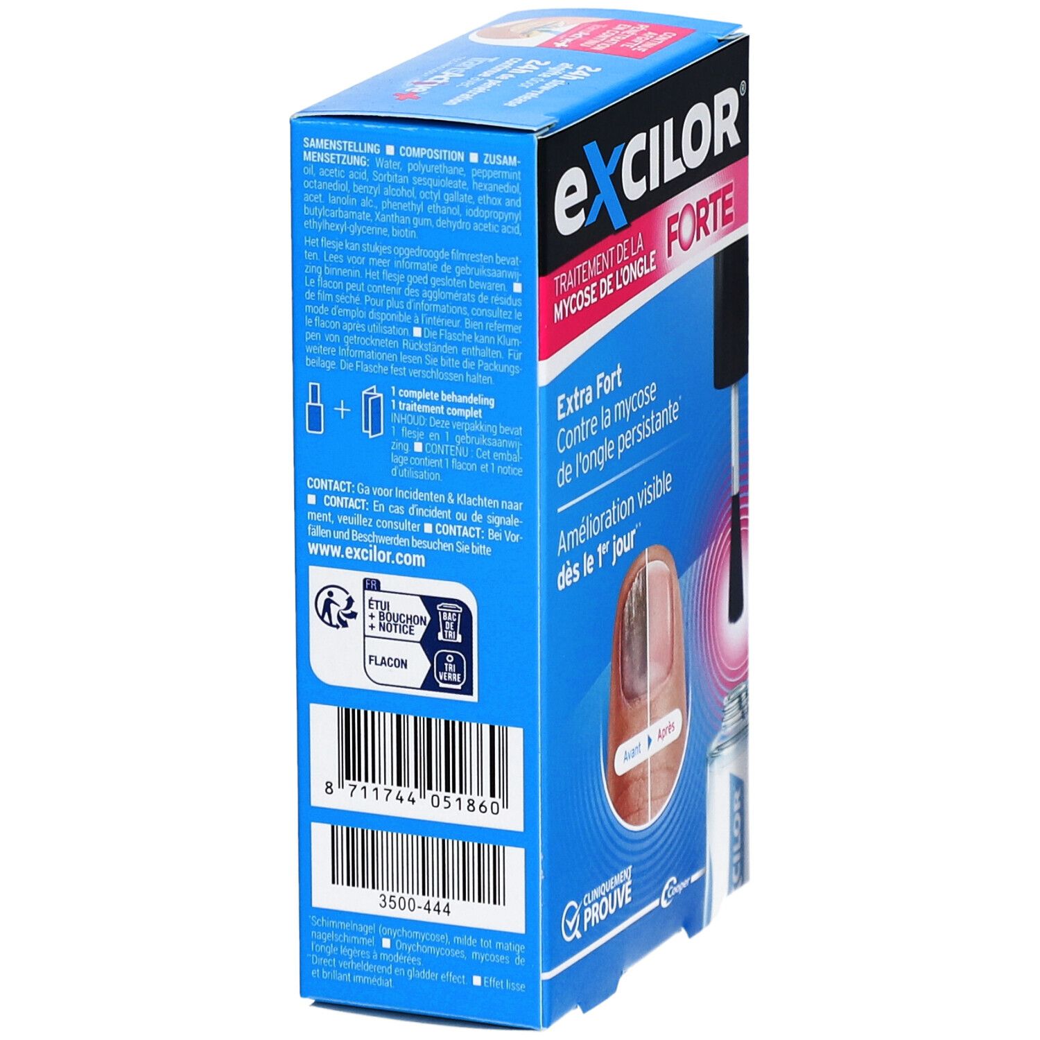 Produktverpackung. Exclior Forte. Nagelpilzbehandlung. Flasche mit Pinsel. Vorher-Nachher-Nagelansicht.