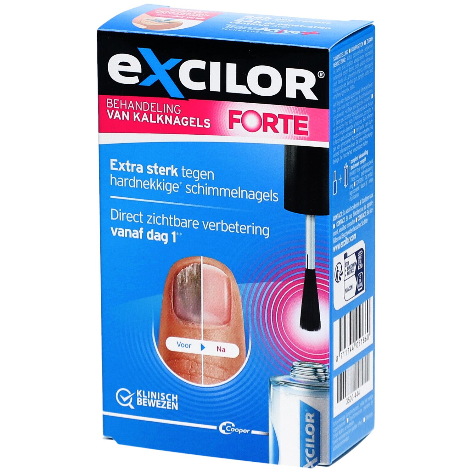 Produktverpackung. Exclior Forte. Nagelpilzbehandlung. Flasche mit Pinsel. Vorher-Nachher-Nagelansicht.