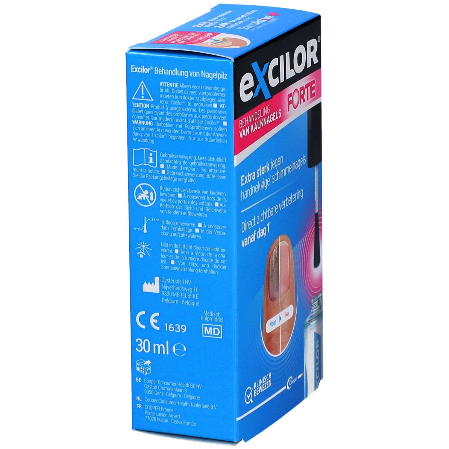 Produktverpackung. Exclior Forte. Nagelpilzbehandlung. Flasche mit Pinsel. Vorher-Nachher-Nagelansicht.