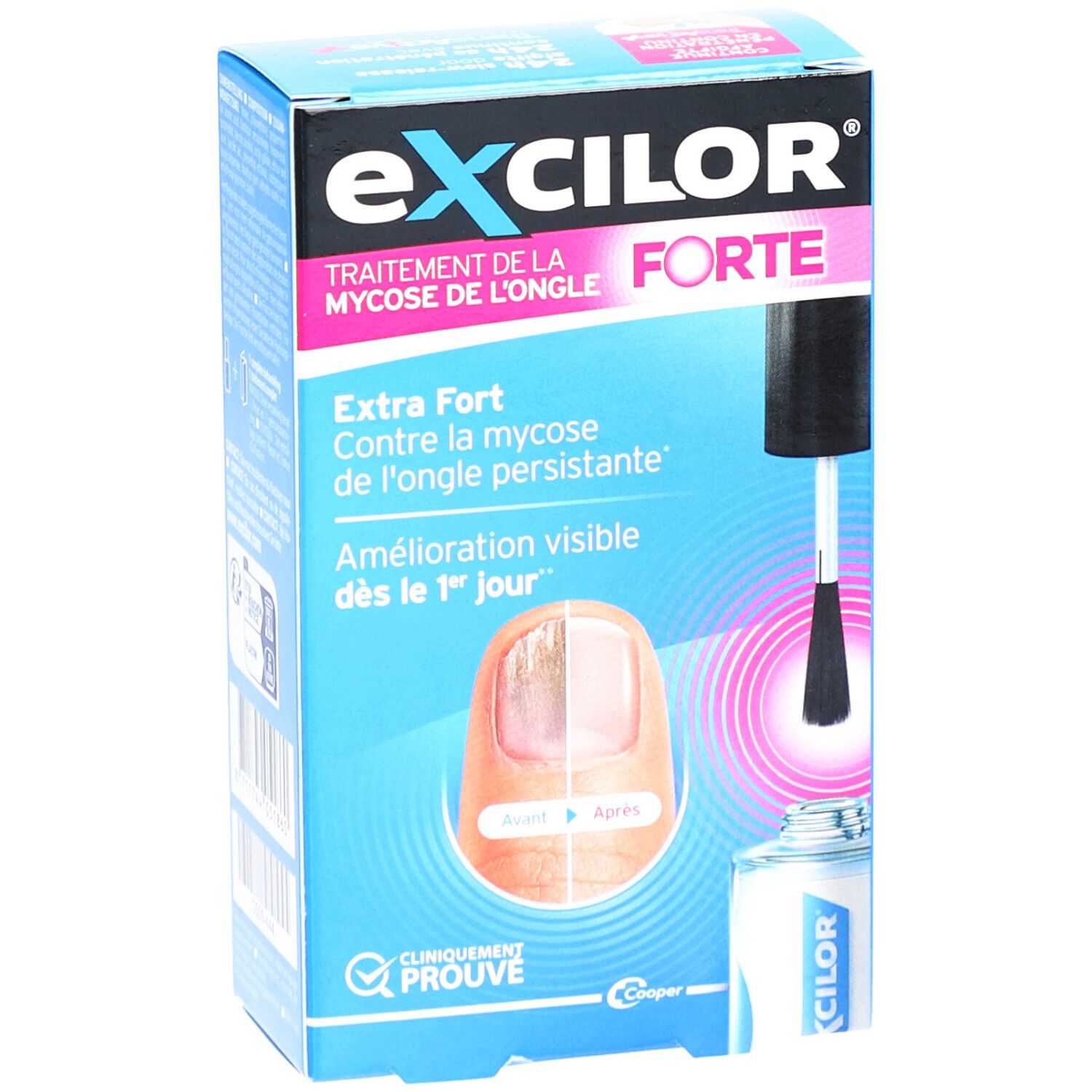 Produktverpackung. Exclior Forte. Nagelpilzbehandlung. Flasche mit Pinsel. Vorher-Nachher-Nagelansicht.