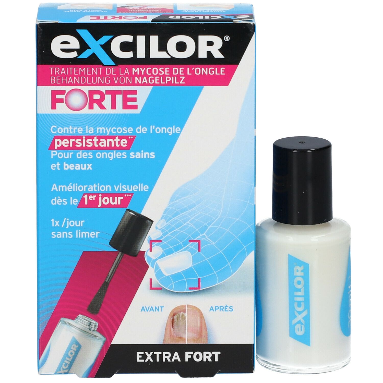 Produktverpackung. Exclior Forte. Nagelpilzbehandlung. Flasche mit Pinsel. Vorher-Nachher-Nagelansicht.