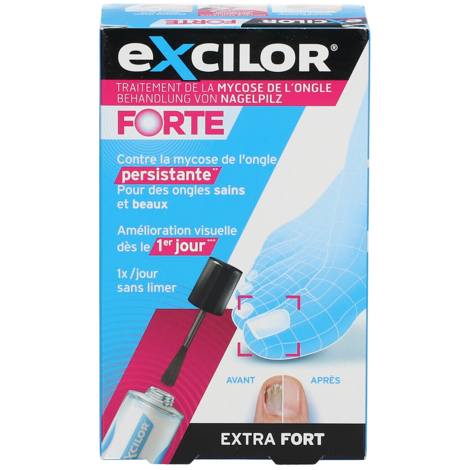Produktverpackung. Exclior Forte. Nagelpilzbehandlung. Flasche mit Pinsel. Vorher-Nachher-Nagelansicht.