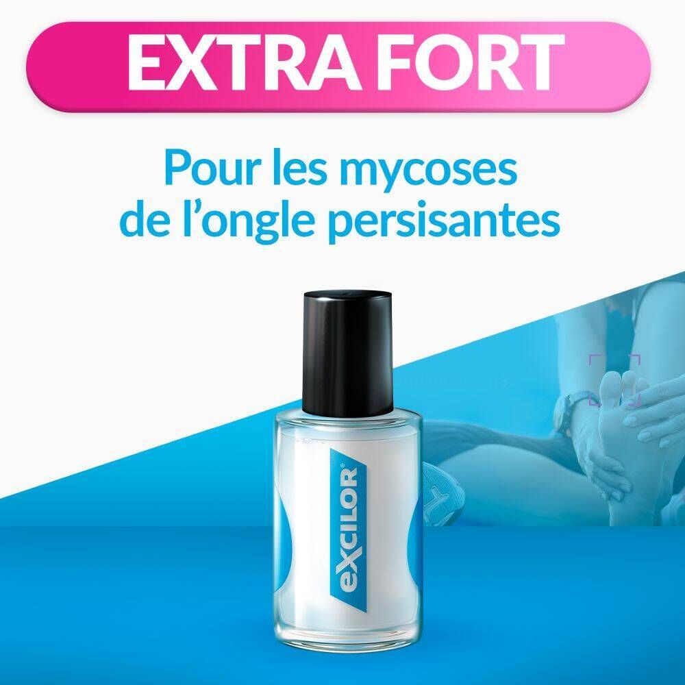 Emballage du produit. Exclior Forte. Traitement mycose des ongles. Flacon avec pinceau. Vue avant-après.