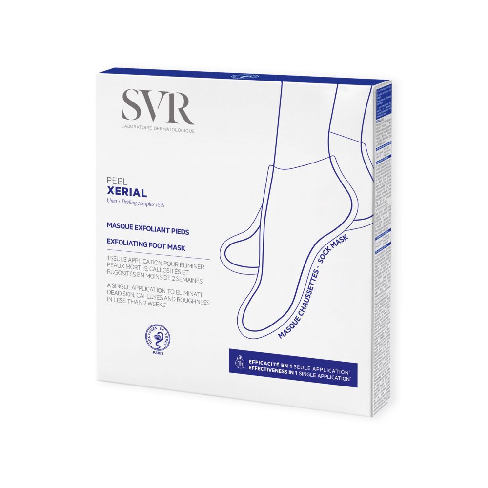 Boîte blanche avec nom du produit et illustration de pied. Texte: Masque exfoliant pieds.