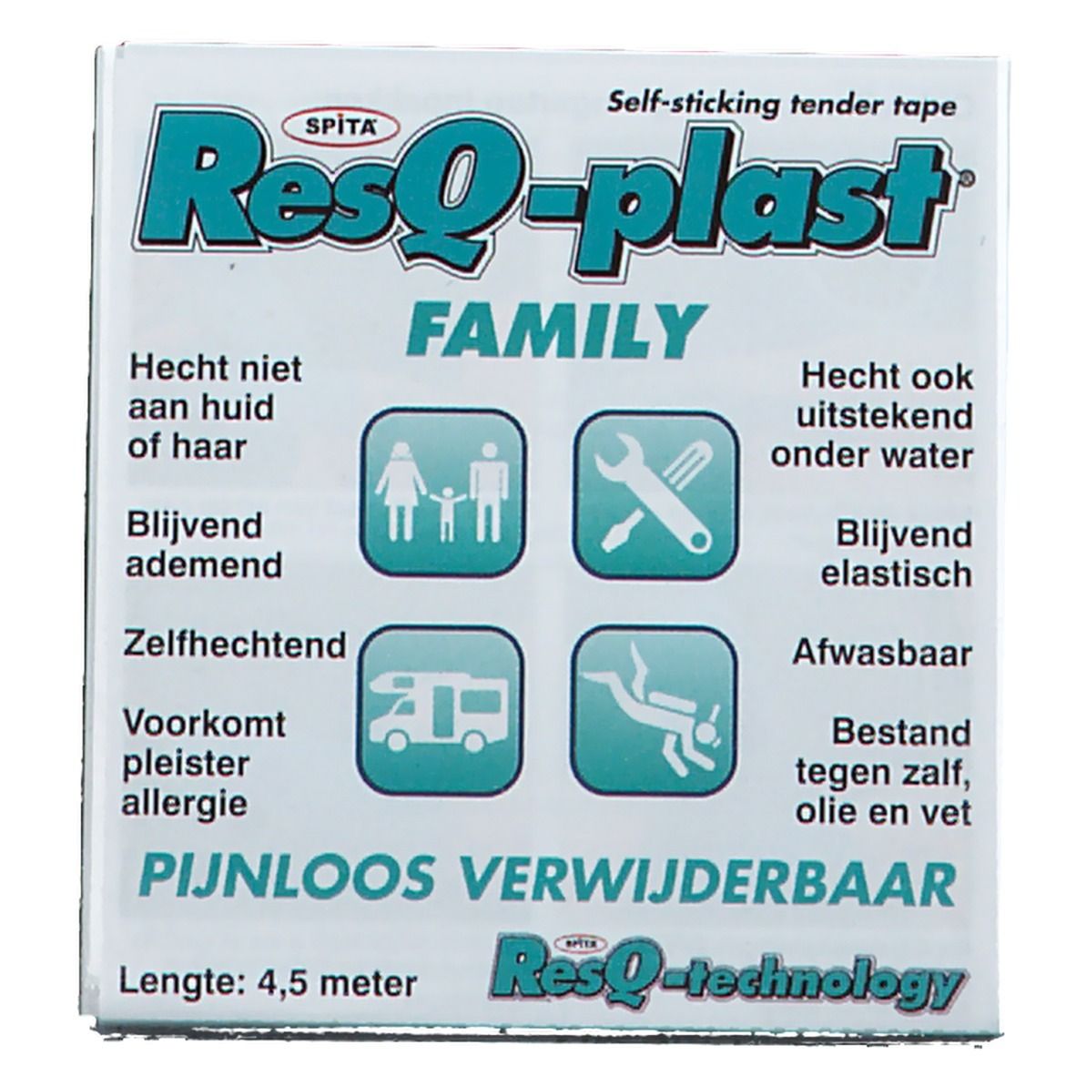 Verpakking ResQ-plast Familia Verde. Pictogrammen: gezin, gereedschap, camper, duiker. Nederlandstalige tekst.