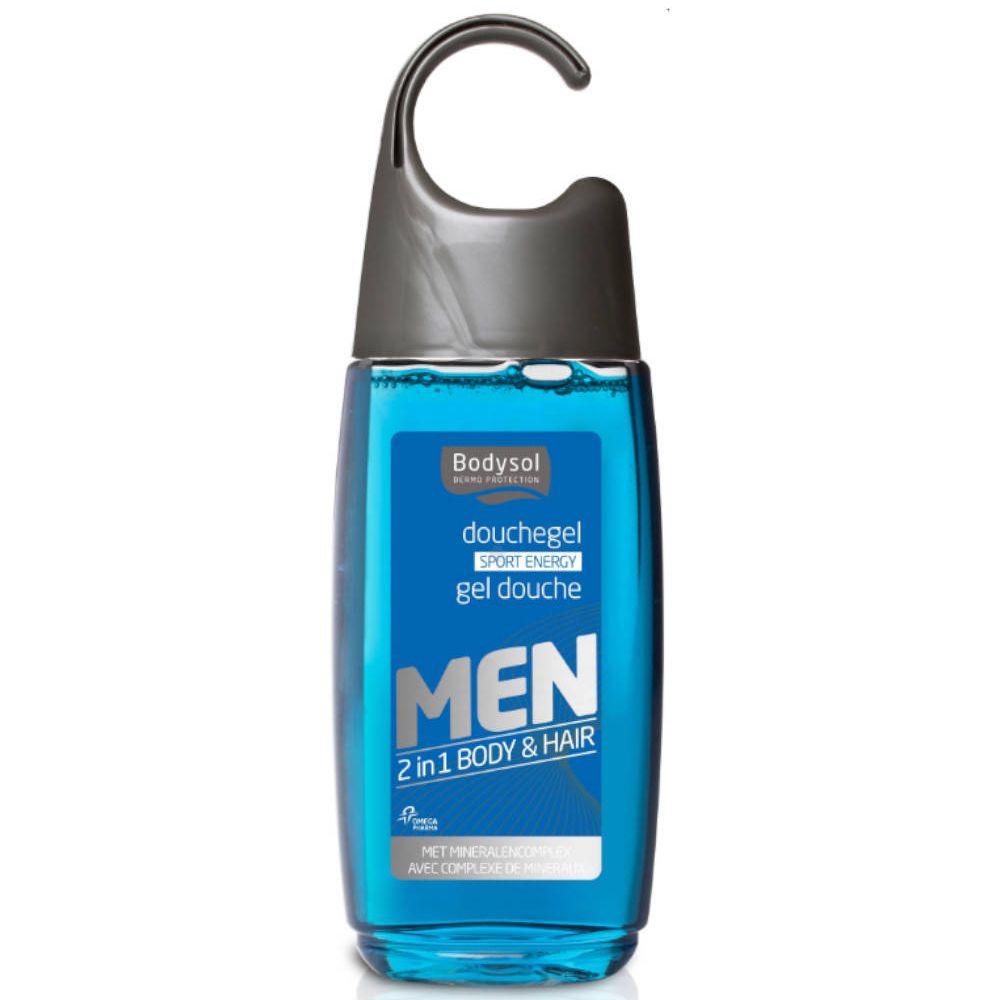 Flacon de gel douche bleu avec crochet. Texte: Bodysol, Sport Energy, 2 en 1 Body & Hair. Avec minéraux.