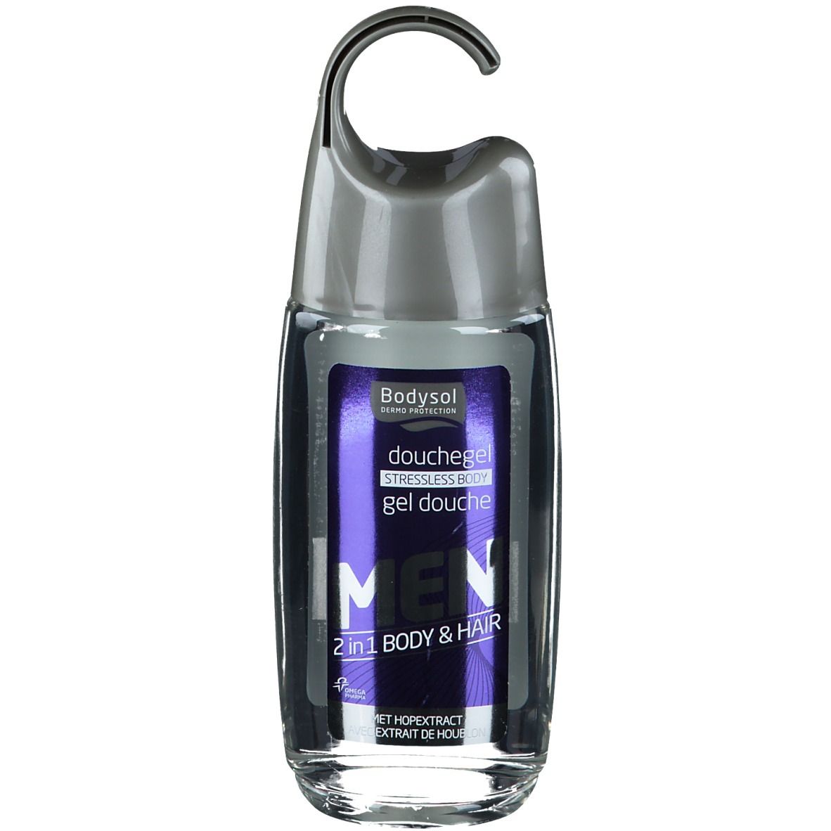 Gel douche Bodysol Men 2-en-1. Flacon transparent avec bouchon et crochet gris. Étiquette violette avec texte.