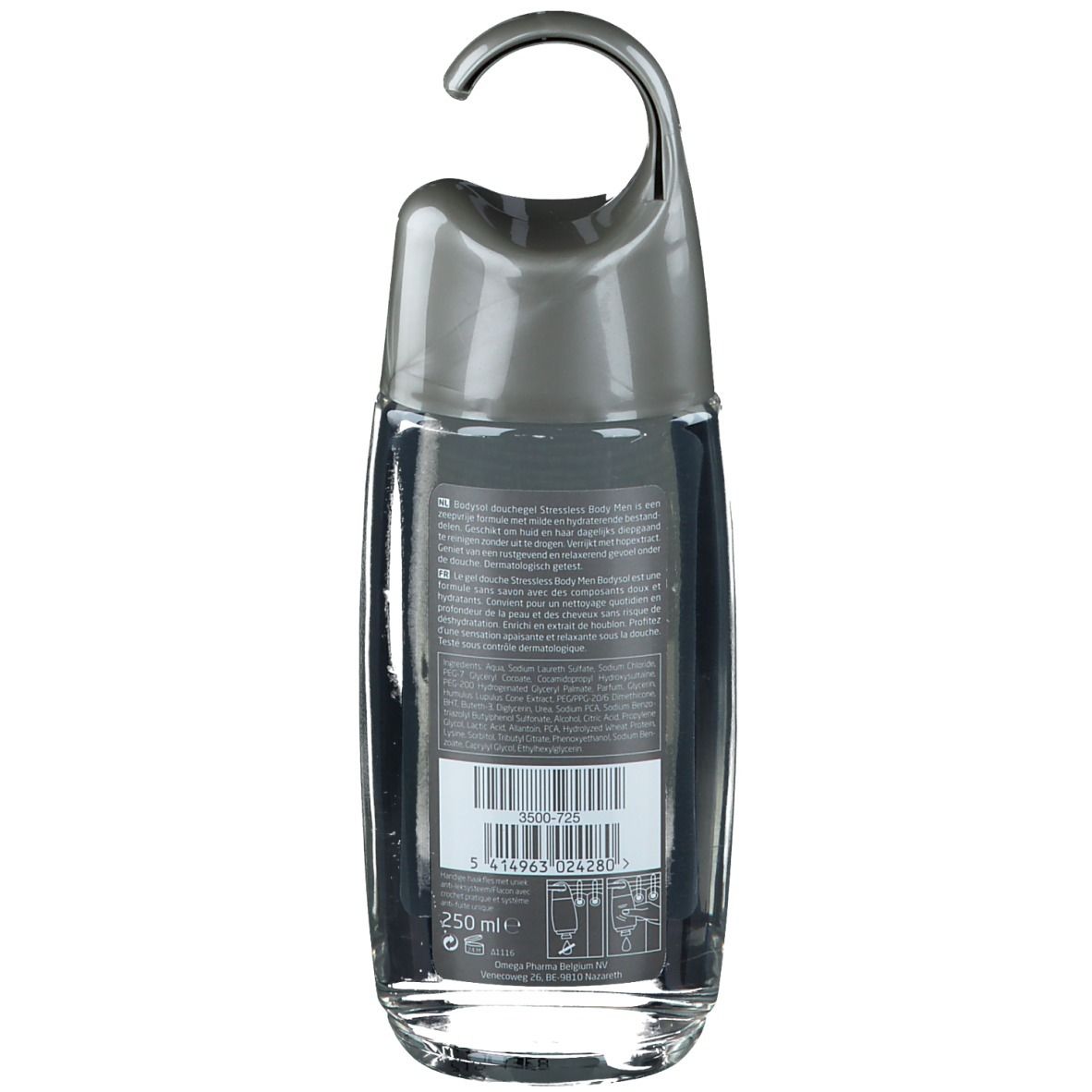 Dos du flacon de gel douche Bodysol Men. Flacon transparent avec étiquette et code-barres. Bouchon gris.